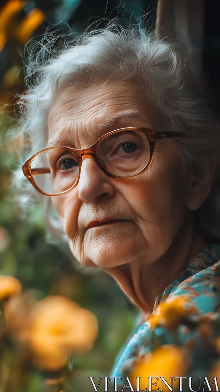 Portrait shows elderly woman with glasses in shallow focus outdoors