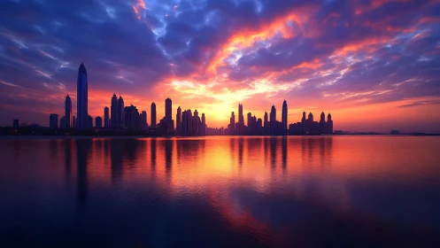 City skyline at sunset reflected on calm waterfront.