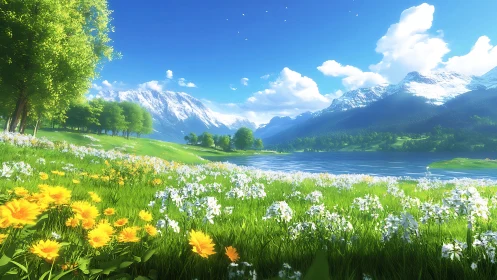 Digital alpine meadow with flowers by a clear lake.