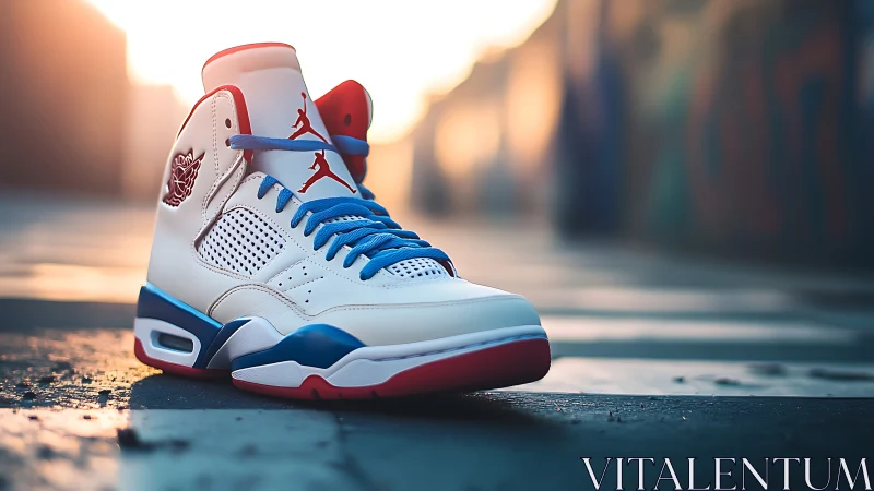 High-top basketball shoe rests on outdoor pavement at dusk