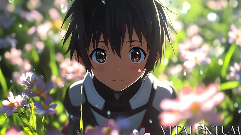 Backlit anime child amid dew-lit meadow bokeh field.