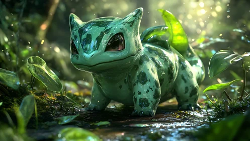 Bulbasaur style creature in detailed forest lighting scene.