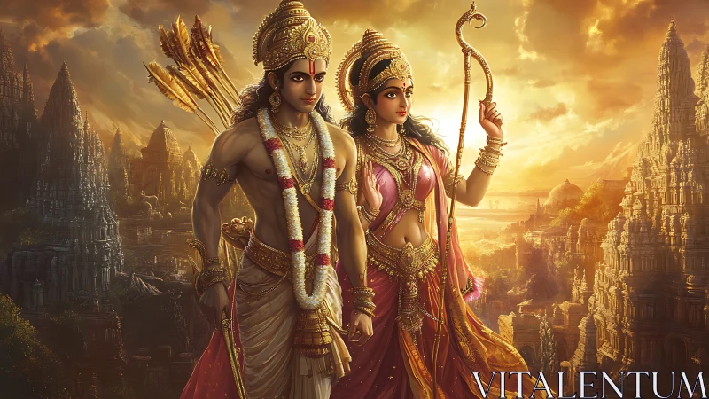 Digital rendering depicts two regal figures in temple landscape