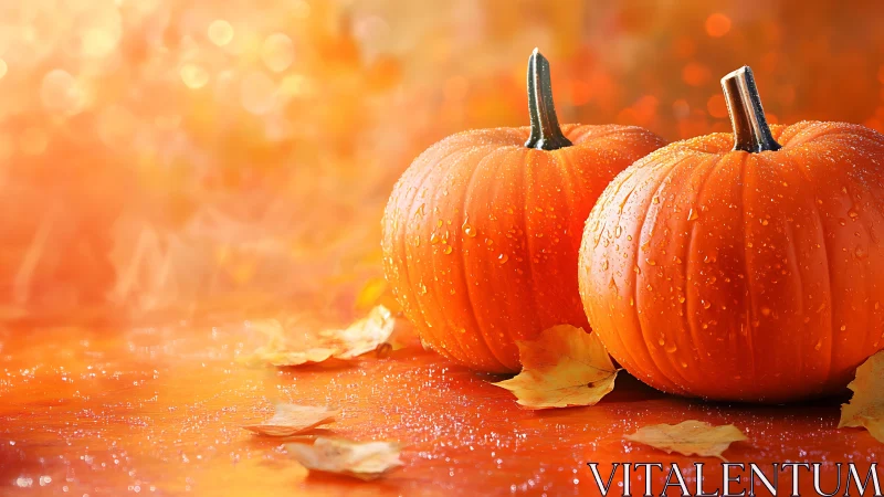 Macro close-up of dewy pumpkins on reflective autumn surface