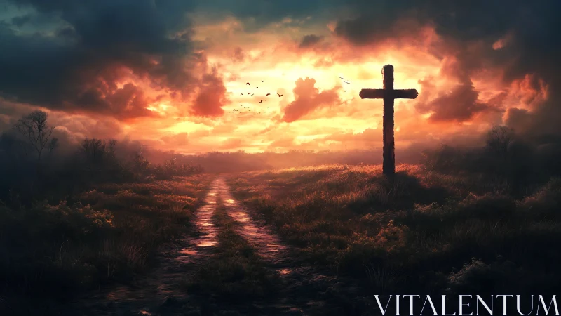 Sunlit cross crowns stormy path through glowing dusk sky.