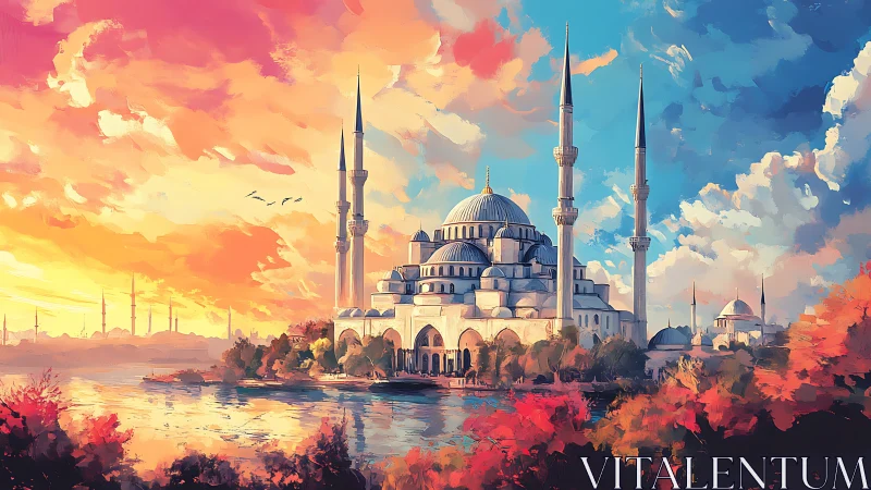 Sunset-soaked domes waltz with pastel clouds above Istanbul