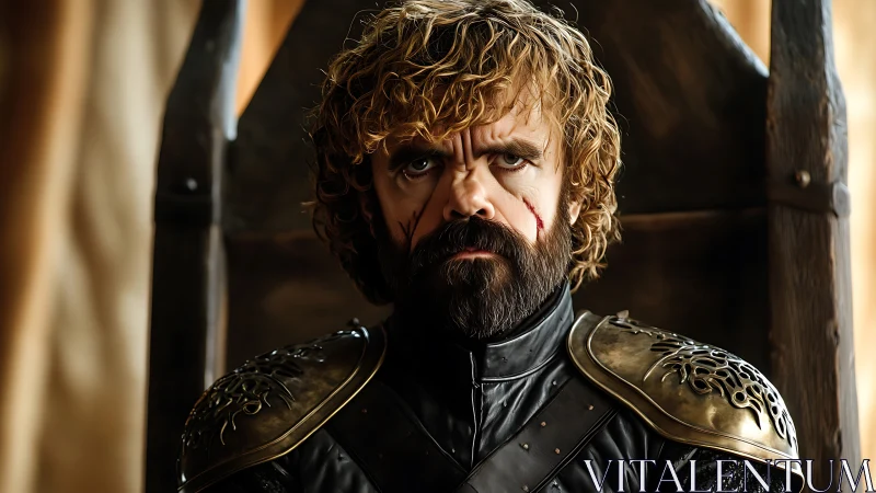 Scarred dwarf commander broods on a battered wooden throne.