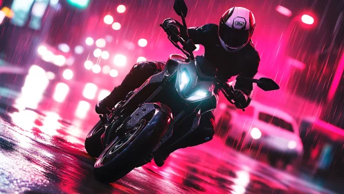 Neon rain carves a luminous racetrack for the lone rider