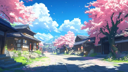 Cherry blossom village street under radiant spring sky.