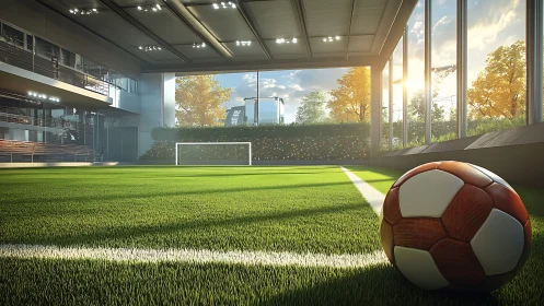 Indoor training pitch with autumn-lit glazing and match ball foreground