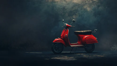 Red vintage scooter stands alone in a dark moody studio