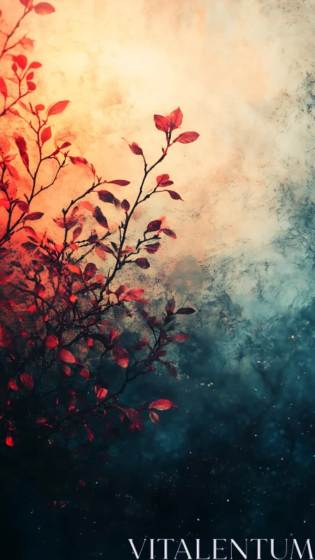 Red foliage silhouette intersects graded abstract backdrop