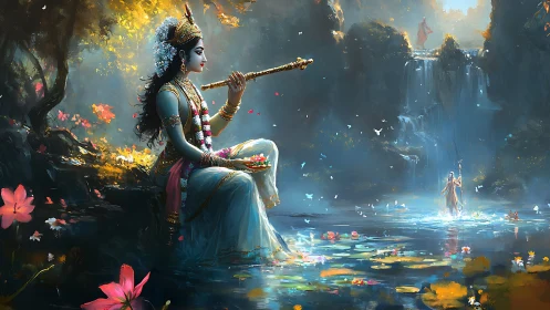 Mythic flautist beside luminous cascade in chromatic twilight.
