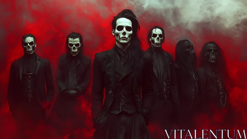 Eerie skull-masked goth band emerging from crimson fog.
