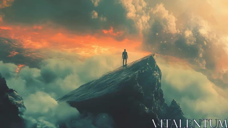 Lone dreamer atop cloud-split peak facing molten sky.