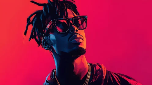 Portrait of male figure in sunglasses against neon gradient.