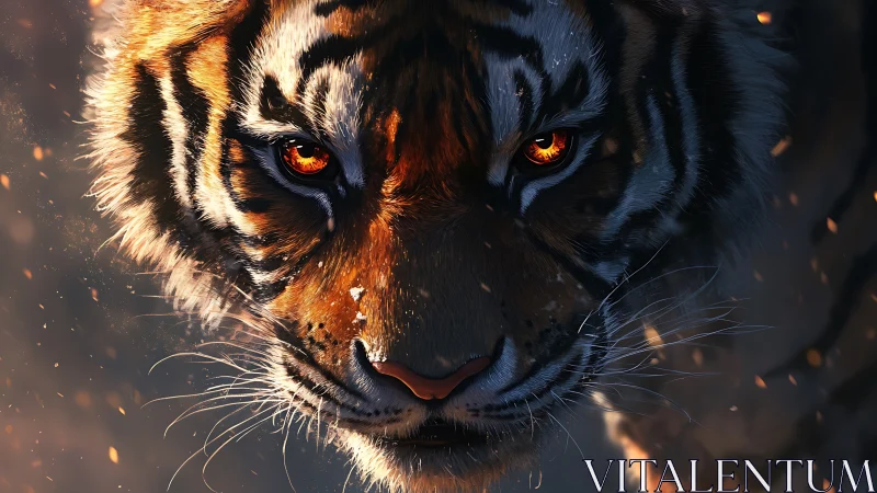 Fierce ember-eyed tiger stepping quietly through sparks.