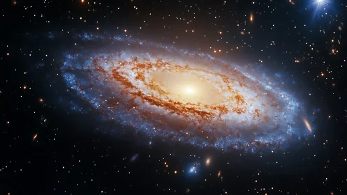 Swirling barred galaxy amid dense starfield in deep space.