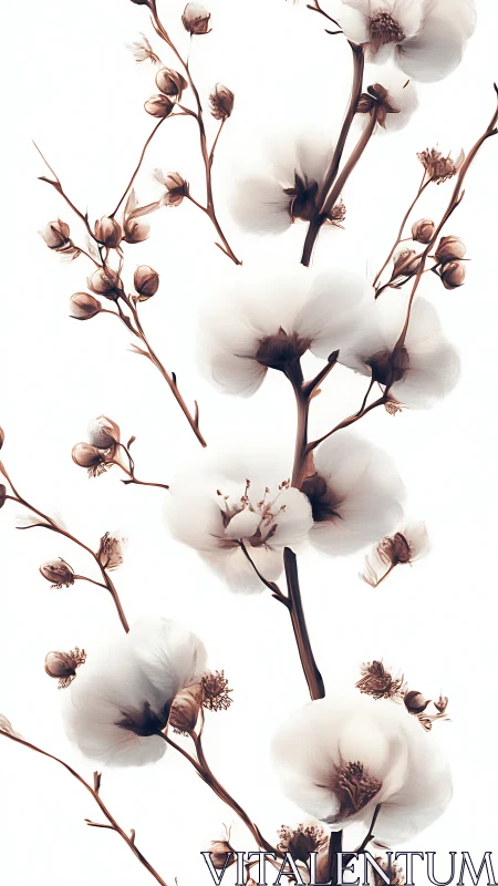 Delicate Cotton Blooms and Seed Pods on Branches