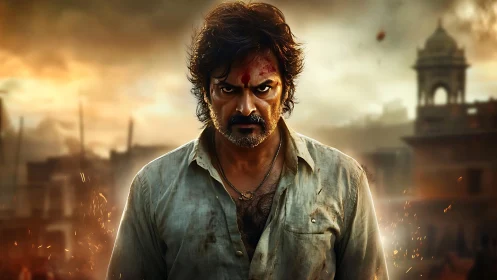 Smoldering street warrior stalks a burning dusk cityscape.