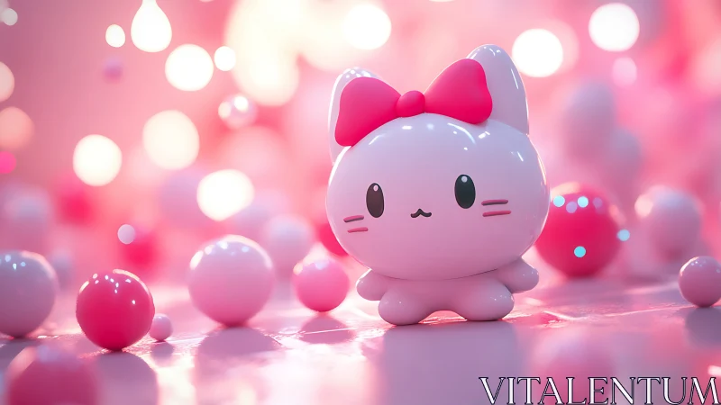 Kawaii pink cat figurine in glossy bokeh render environment.