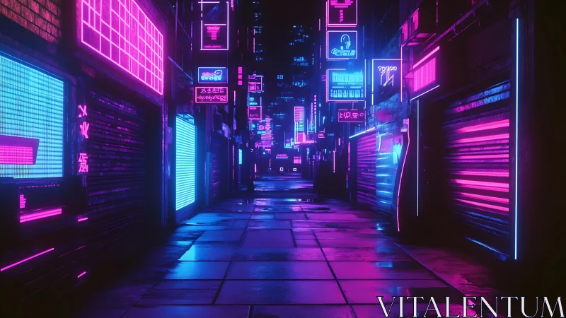 Neon alleyway vanishing into moody cyberpunk nightscape.