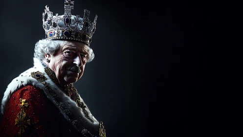 Regal elder king in jeweled crown and rich crimson robes.