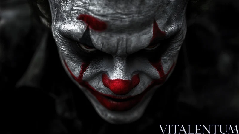Sinister close-up portrait of eerie clown face in chiaroscuro