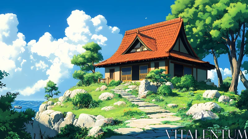 Clifftop Japanese house under bright summer sky by sea.