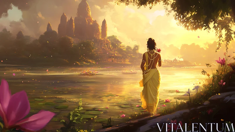 Backlit river pilgrim approaching luminous temple complex.