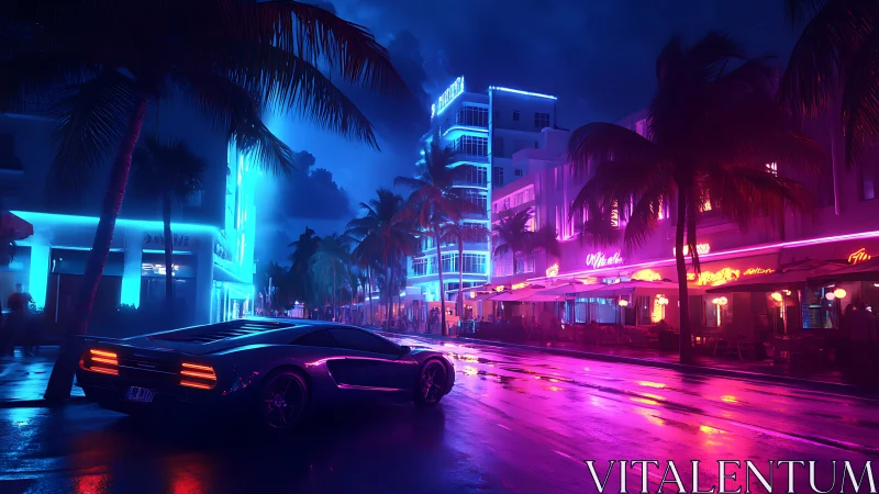 Neon-soaked night drive along electric palm-shadowed boulevard.