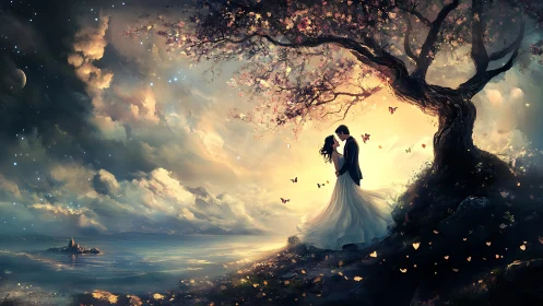 Couple beneath luminous tree under starlit sky. Romance.