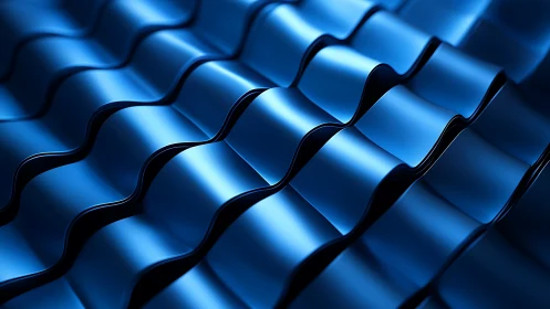 Curved metallic wave lattice under directed blue spectral lighting.