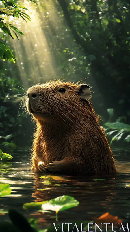 Sunlit jungle capybara contemplating ripples of quiet wonder.