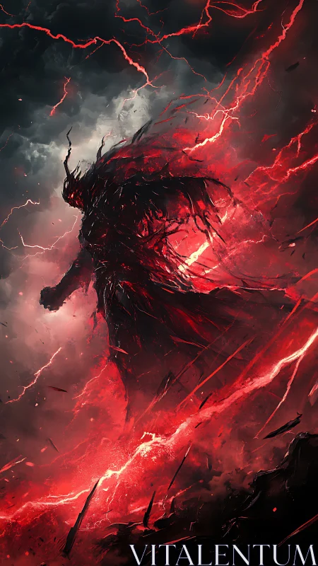 Storm-forged revenant strides through a red-lit cosmic maelstrom.