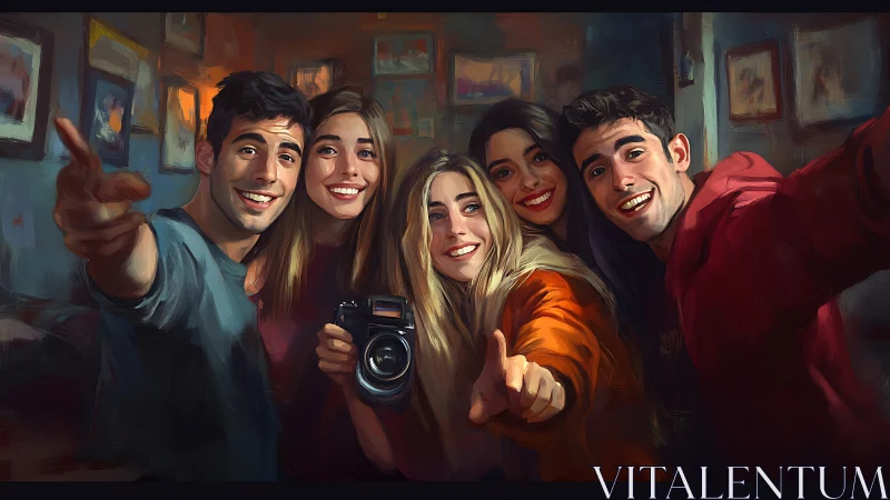 Vibrant friends’ selfie moment in painterly digital style.
