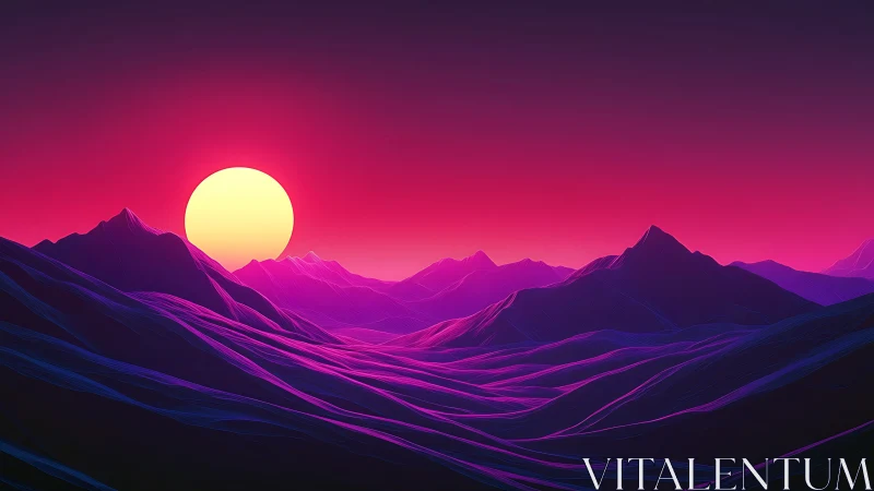 Neon sun melts over synthwave valleys and violet ridges.