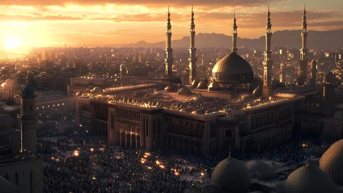 Sunset-lit mosque complex with dense urban skyline and crowded plaza