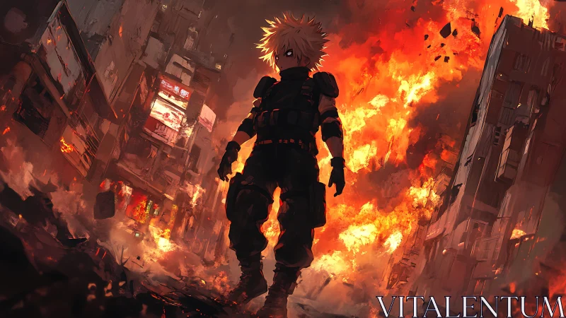 Blond warrior walks through burning cyberpunk cityscape.