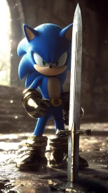 Blue hedgehog knight gripping weathered sword in ruins.