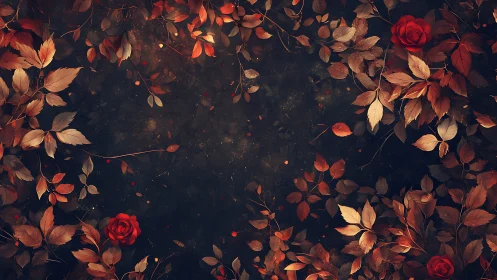 Autumn rose foliage frame encircles dark textured negative space