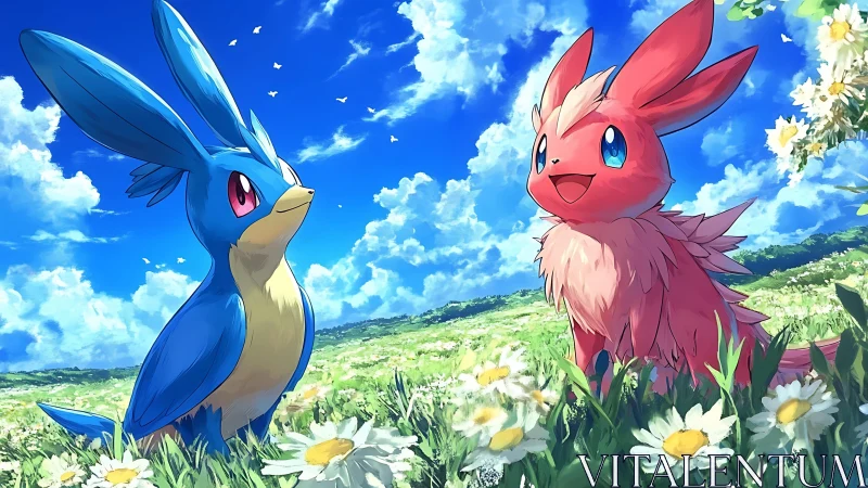 Sky-bright bunny pals trading sunlight secrets in bloom.