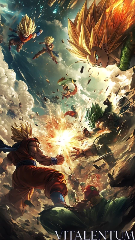 Energetic anime battle scene with multiple warriors mid-clash.