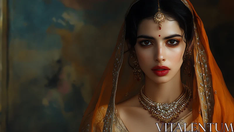 Graceful bride in golden sari with soulful, luminous gaze.
