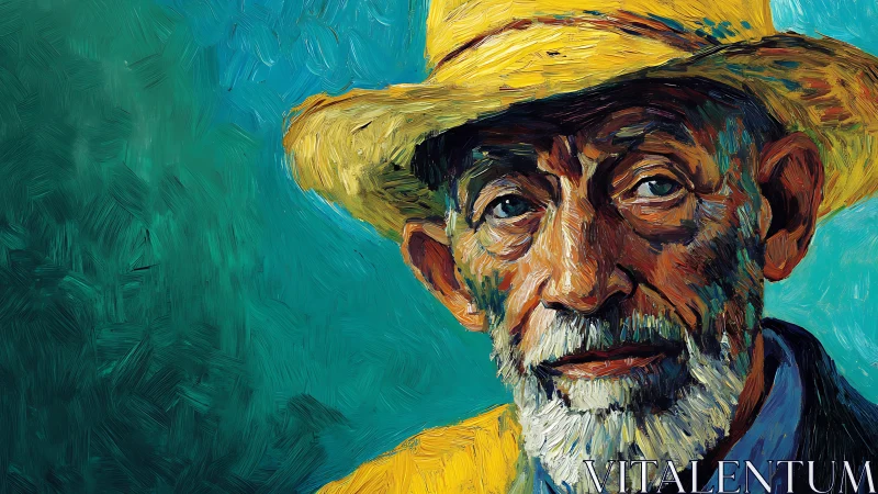 Textured impasto portrait of elderly man in yellow straw hat
