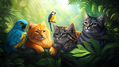 Jungle Companions: Digital Rendering of Felines and Avian Subjects.