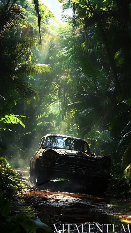 Abandoned jungle car beneath shafts of cinematic light.