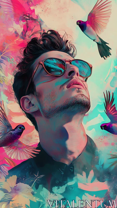 Stylized portrait man in neon dreamscape with vivid birds.