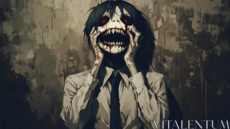 Grotesque suited monster screams against decayed wall backdrop.