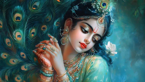 Divine styled portrait with peacock plumage and jeweled adornment